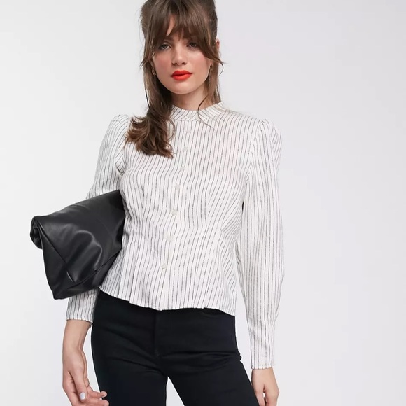 & Other Stories metallic stripe puff sleeve high-neck blouse in white - Picture 3 of 6